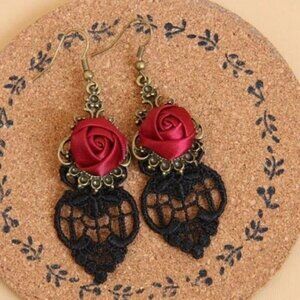 Vampire Black Lace Red Satin Rose Goth Witch Earrings